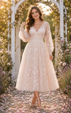 Blush Vintage Lace Long Sleeve Tea Length Garden Wedding Dress