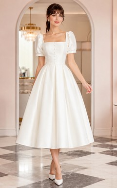 Retro Tea-Length Square Neck Puff Sleeve Satin Vintage Wedding Dress