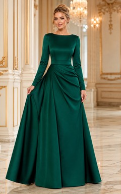 Emerald Long Sleeve Satin A Line Modest Gala Gown