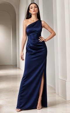 Ink Navy Sexy Modern One-Shoulder Sleeveless Satin Front-Slit Sheath Floor-Length Evening Dress