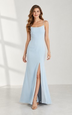 Sky Blue Front Slit Square-Neck Sheath Floor-Length Satin Evening Gown
