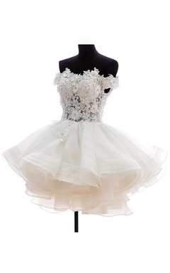 Ball Gown Mini Off-The-Shoulder Appliques Button Zipper Corset Back Lace Organza Dress