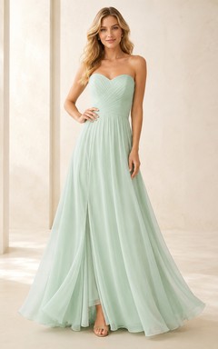 Green Mint Chiffon Strapless Sweetheart Floor Length Bridesmaid Evening Gown