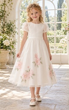 Modest Ivory Tea-length Jewel Short Sheer Puff Sleeves Floral-Cluster Print Gathered Organza A-line Flowergirl Dress