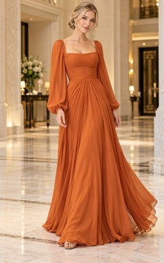 Robe de soirée en mousseline orange brûlé à col carré et manches bouffantes