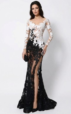Vestido de fiesta de sirena con apliques de encaje monocromático