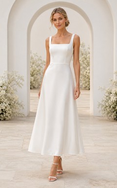 Robe de demoiselle d'honneur blanche en satin, coupe trapèze, col carré, longueur thé