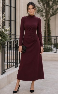 Burgundy High Neck Long Sleeve Tea-Length Mother Dress