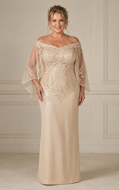 Sheath Off-the-Shoulder Half Sleeve Satin Mother Dress with Cape