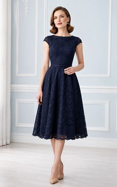 Dark Navy Jewel Neck Cap Sleeve Lace A-Line Tea-length Vintage Cocktail Dress