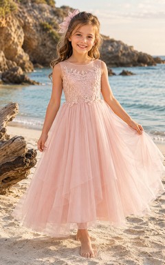 Blumenmädchenkleid aus perlmuttrosa Spitze und Tüll, A-Linie, Rundhalsausschnitt, Teelänge