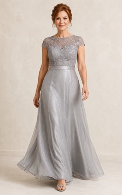 Silbernes Tüll-A-Linien-Kleid für die Mutter mit perlenbesetztem Spitzenoberteil