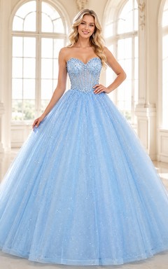 Sky Blue Elegant Strapless Sweetheart Beaded Glitter Tulle Quinceanera Princess Ball Gown