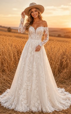 Boho Off Shoulder Long Sleeve Lace Chapel Wedding Dress