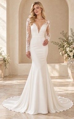 Mermaid Long Sleeve Plunge V-neck Lace Satin Wedding Dress