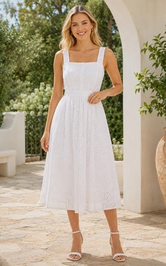 Ärmelloses, weißes Leinenkleid mit eckigem Ausschnitt, A-Linien-Form, Teelänge, lässiges Gartengastkleid