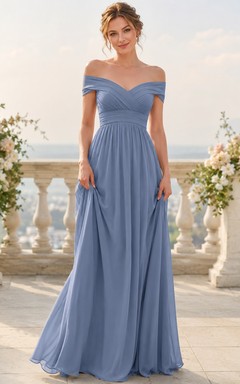 Steel Blue Off-Shoulder Pleated Chiffon A-Line Floor-Length Romantic Formal Bridesmaid Dress