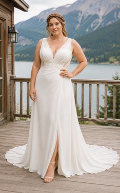 Robe de mariée de plage grande taille, simple, en mousseline, col V, coupe trapèze, avec fente.