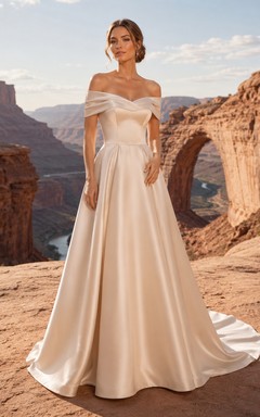 Robe de mariée classique en satin à épaules dénudées et coupe trapèze, inspirée d'un paysage de canyon, pour une fugue amoureuse