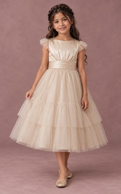 Tea-length Champagne A-line Tulle Flutter-sleeve Satin-bodice Pleated-waist Tiered Flower Girl Dress