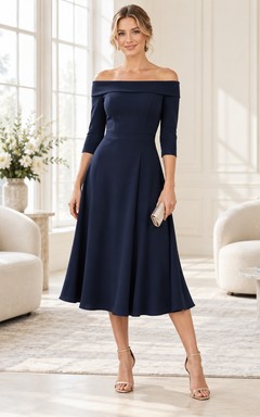 Vestido de invitada de boda sencillo, azul marino, largo hasta la rodilla, con hombros descubiertos, manga tres cuartos, falda acampanada, cintura ajustada y corte en A.