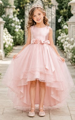 High Low Tulle A-Line Flower Girl Dress with Jewel Neck and Bow Detail