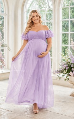 Vestido de maternidad largo hasta el suelo, color lavanda, con hombros descubiertos, mangas tipo pétalo, volantes de tul, pliegues, espalda descubierta, cierre de cremallera, corte imperio y cintura en A.