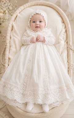 Vestido modesto para ceremonia de bautizo de bebé, corte en A, largo hasta los tobillos, cuello joya, manga larga, tul, encaje, espalda abotonada.
