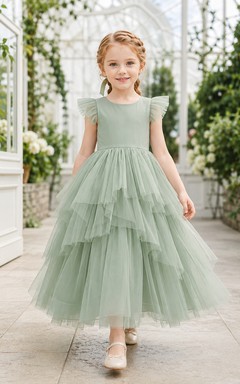 Flower Girl Dress Sage Tulle A-Line Short Sleeve Jewel Neck Tea Length Ruffle Detail Tiered Skirt