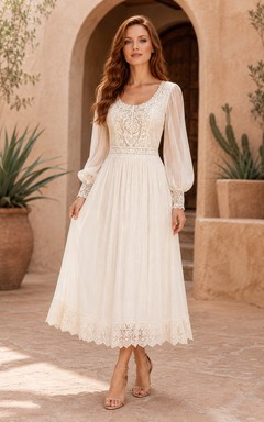 Robe de mariée en dentelle à manches longues, longueur thé, col rond et jupe fluide