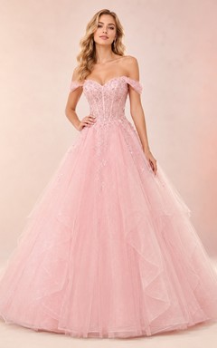 Rosafarbenes, geblümtes, schulterfreies Tüll-Ballkleid, Prinzessinnen-Abendkleid, Empfangskleid