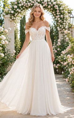 Schulterfreies Brautkleid aus Chiffon mit Spitzenoberteil und Chiffon