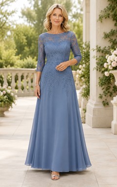 Staubblaues A-Linien-Kleid mit Spitzenoberteil und Schlüssellochausschnitt am Rücken