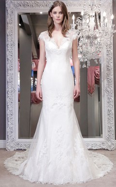 Trumpet V-Neck Cap-Sleeve Floor-Length Lace Wedding Dress With Appliques And Illusion