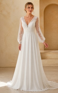 Vestido de novia bohemio de manga larga, corte en A, escote en V, encaje botánico y cola de capilla