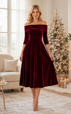 Burgundy Off Shoulder Velvet Three Quarter Sleeve Dress