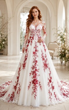 Rotes Brautkleid in A-Linie mit floraler Spitze, langen Ärmeln und Kathedralenschleppe, verziert mit Schmucksteinen und einer eleganten A-Linien-Schleife