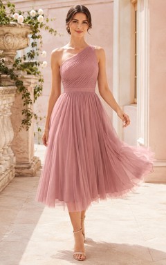 Mauve Tulle Scoop-Neck Sleeveless A-Line Tea-Length Romantic Dress