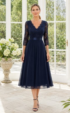 Ink Navy V-Neck Three-Quarter Lace Sleeve Tea-Length Dress