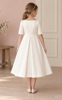 Modest Simple Square Neck Ivory Tea-length Elbow Sleeve Deep Flat Pleat Flower Girl Dress