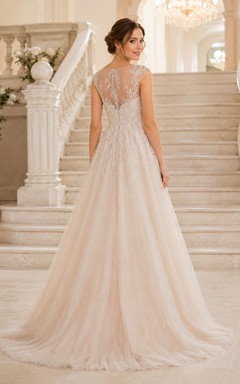 Robe de soirée champagne en tulle et dentelle à col V, coupe trapèze
