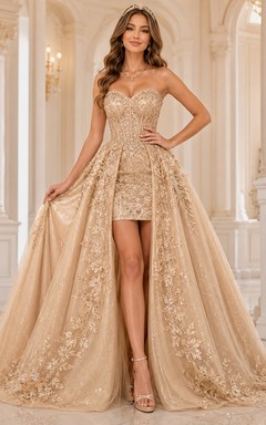 Champagne Strapless Sweetheart Glitter Beaded Tulle Ball Gown High Low Quinceanera Dress