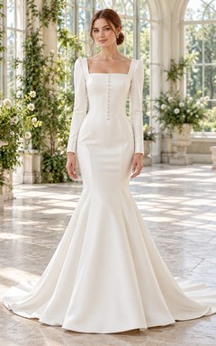 Simple Square Neck Long Sleeve Button Mermaid Wedding Dress