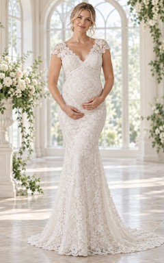 Robe de mariée sirène de maternité à col en V, manches courtes en dentelle florale et traîne.