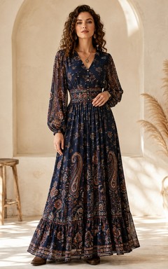 Navy Floral Print V-Neck Long Sleeve Bohemian Maxi Dress