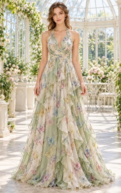 Celadon Butterfly Floral Print V Halter Tiered Chiffon Evening Gown