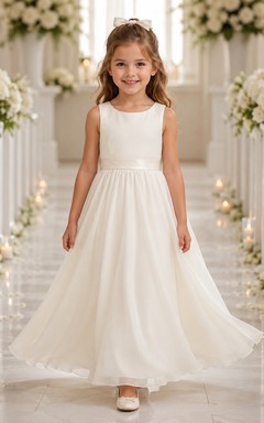 Klassisches A-Linien-Blumenmädchenkleid aus Tüll mit Spitzenoberteil, Rundhalsausschnitt, wadenlangem Rock und Schärpenverzierung