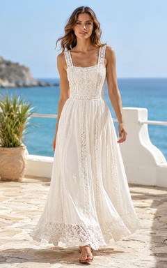 Romantisches weißes Baumwollspitzenkleid in A-Linie, bodenlang, mit quadratischen Trägern