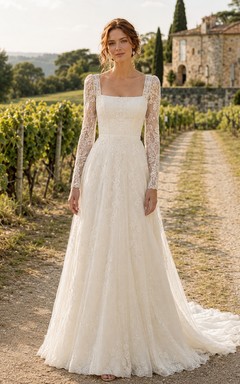 Brautkleid aus Chiffon im Landhausstil, A-Linie, eckiger Ausschnitt, lange Ärmel, bodenlang, tiefer V-Ausschnitt am Rücken