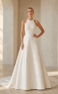 Vestido de novia formal de corte A con escote halter, largo hasta la rodilla, estilo vintage.